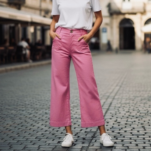 Anthropologie Pants - Anthropologie Maeve Sz 28 Colette Crop Wide-Leg Pants Pink Patch Pocket Linen